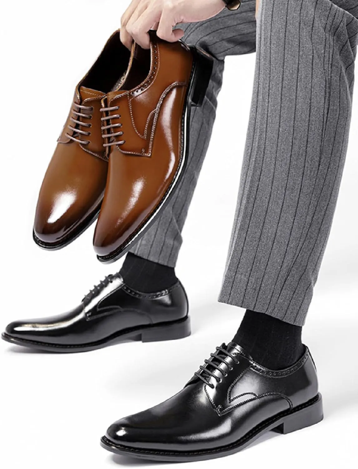 Men's Genuine Leather Formal Oxfords Classic Lace-up Comfortable Pointed Toe Derbys Dress Shoes for Wedding Office Business Leather Shoes
