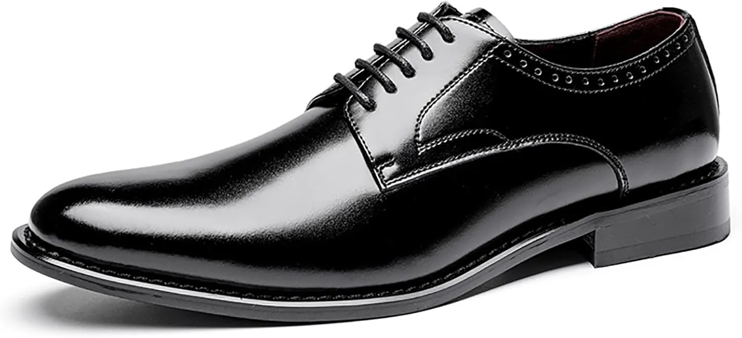 Men's Genuine Leather Formal Oxfords Classic Lace-up Comfortable Pointed Toe Derbys Dress Shoes for Wedding Office Business Leather Shoes