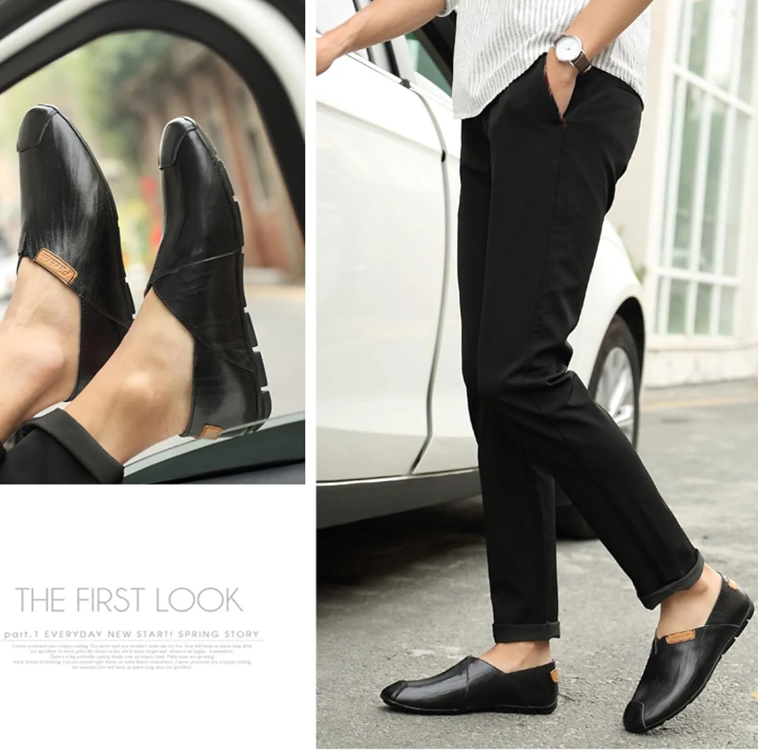 Men's Hand-Sewn Genuine Leather Slip on Penny Loafers Lightweight Non Slip Soft Bottom Driving Business Work Casual Shoes