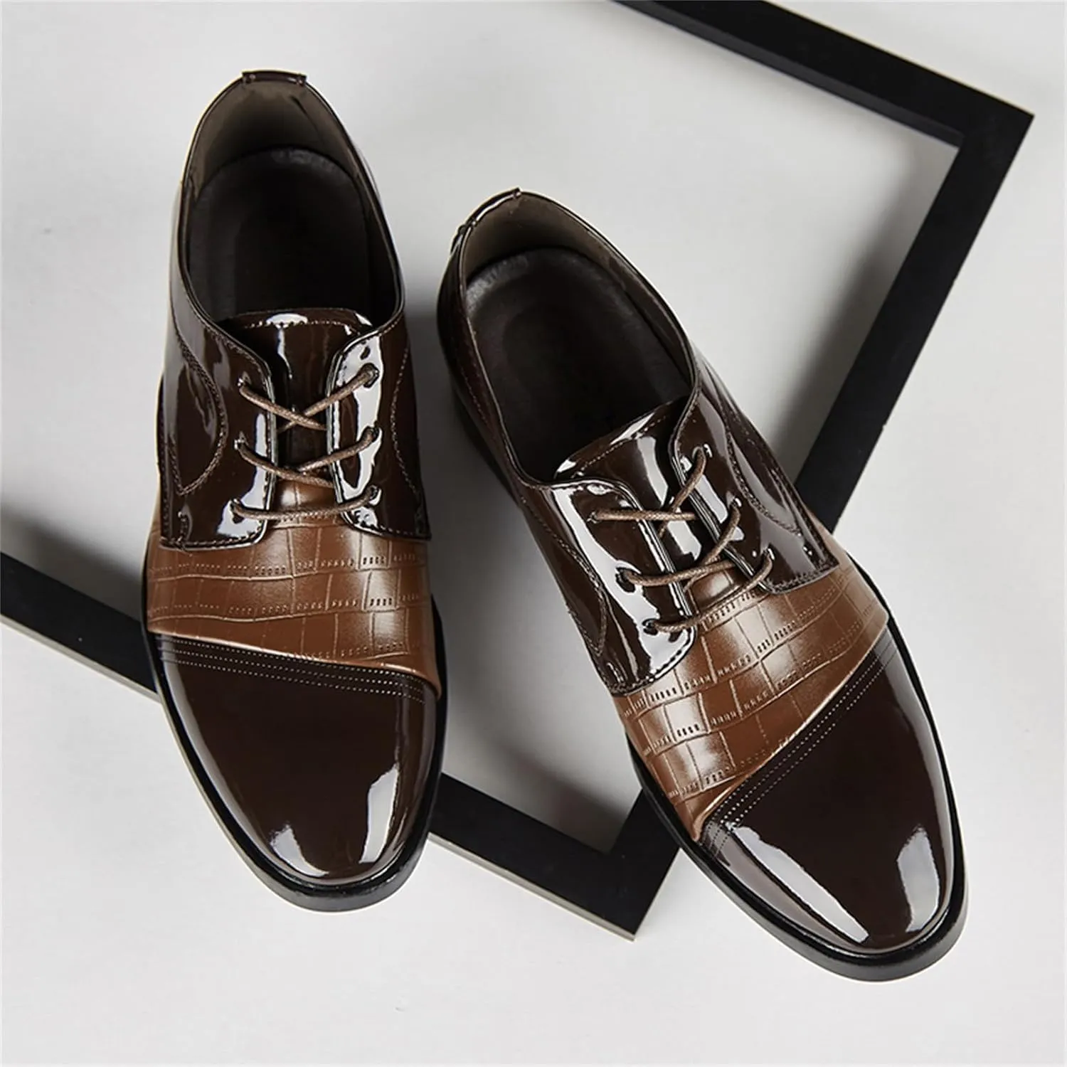 Men's Vintage Patent Leather Cap Toe Two-Tone Dress Shoes Modern Formal Business Lace Up Round Toe Oxford