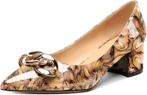 Mettesally Women's Block Heel Pumps Pointed Toe Mid Heels Heeled Pumps Low Heels with Metal Chain Dressy Wedding Party Shoes