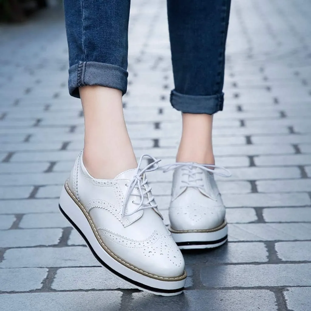 MIOKE Women's Fashion Platform Oxford Shoes Lace Up Wingtip Patent Leather Chunky Mid Heel Wedge Dress Shoes