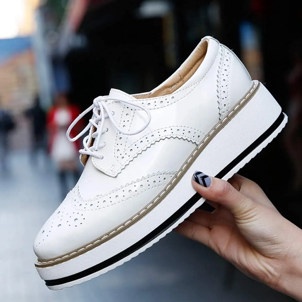 MIOKE Women's Fashion Platform Oxford Shoes Lace Up Wingtip Patent Leather Chunky Mid Heel Wedge Dress Shoes