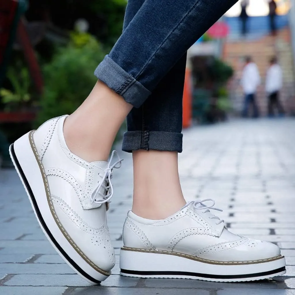 MIOKE Women's Fashion Platform Oxford Shoes Lace Up Wingtip Patent Leather Chunky Mid Heel Wedge Dress Shoes