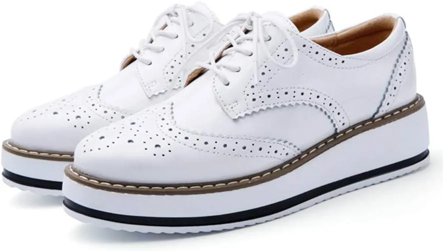 MIOKE Women's Fashion Platform Oxford Shoes Lace Up Wingtip Patent Leather Chunky Mid Heel Wedge Dress Shoes