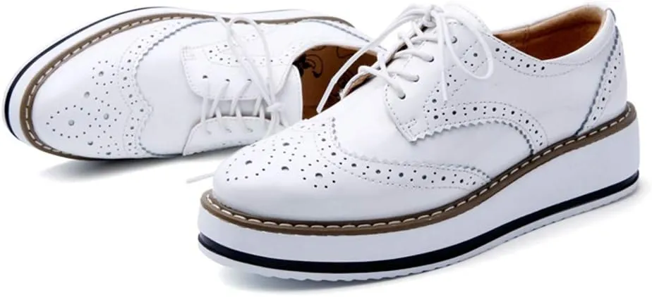 MIOKE Women's Fashion Platform Oxford Shoes Lace Up Wingtip Patent Leather Chunky Mid Heel Wedge Dress Shoes
