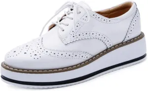 MIOKE Women's Fashion Platform Oxford Shoes Lace Up Wingtip Patent Leather Chunky Mid Heel Wedge Dress Shoes