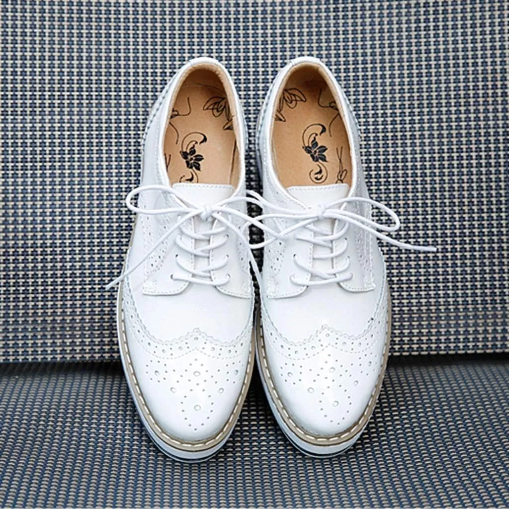 MIOKE Women's Fashion Platform Oxford Shoes Lace Up Wingtip Patent Leather Chunky Mid Heel Wedge Dress Shoes