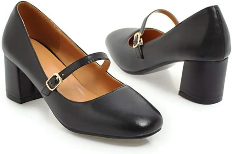 MIOKE Women's Square Toe Mary Jane Pump Oxford Leather Buckle Strap Chunky Block Mid Heel Retro Dress Shoes