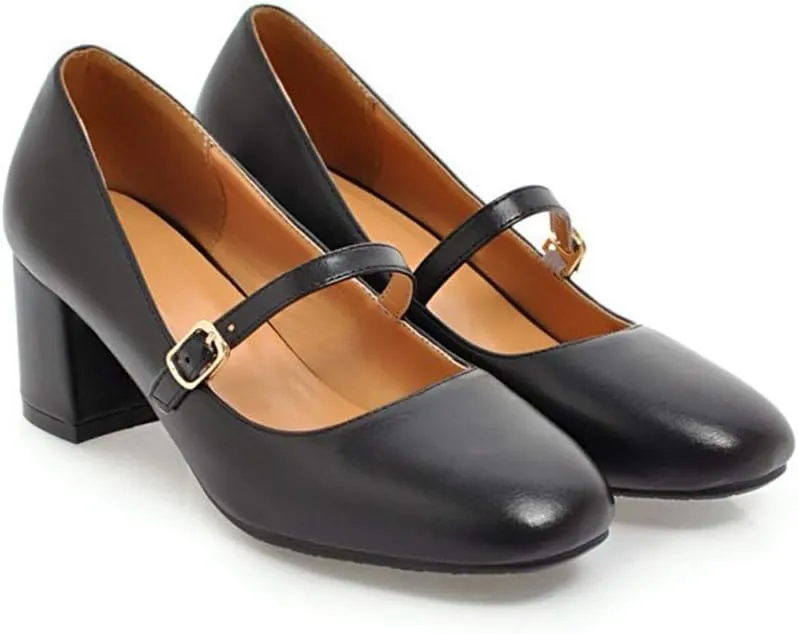 MIOKE Women's Square Toe Mary Jane Pump Oxford Leather Buckle Strap Chunky Block Mid Heel Retro Dress Shoes