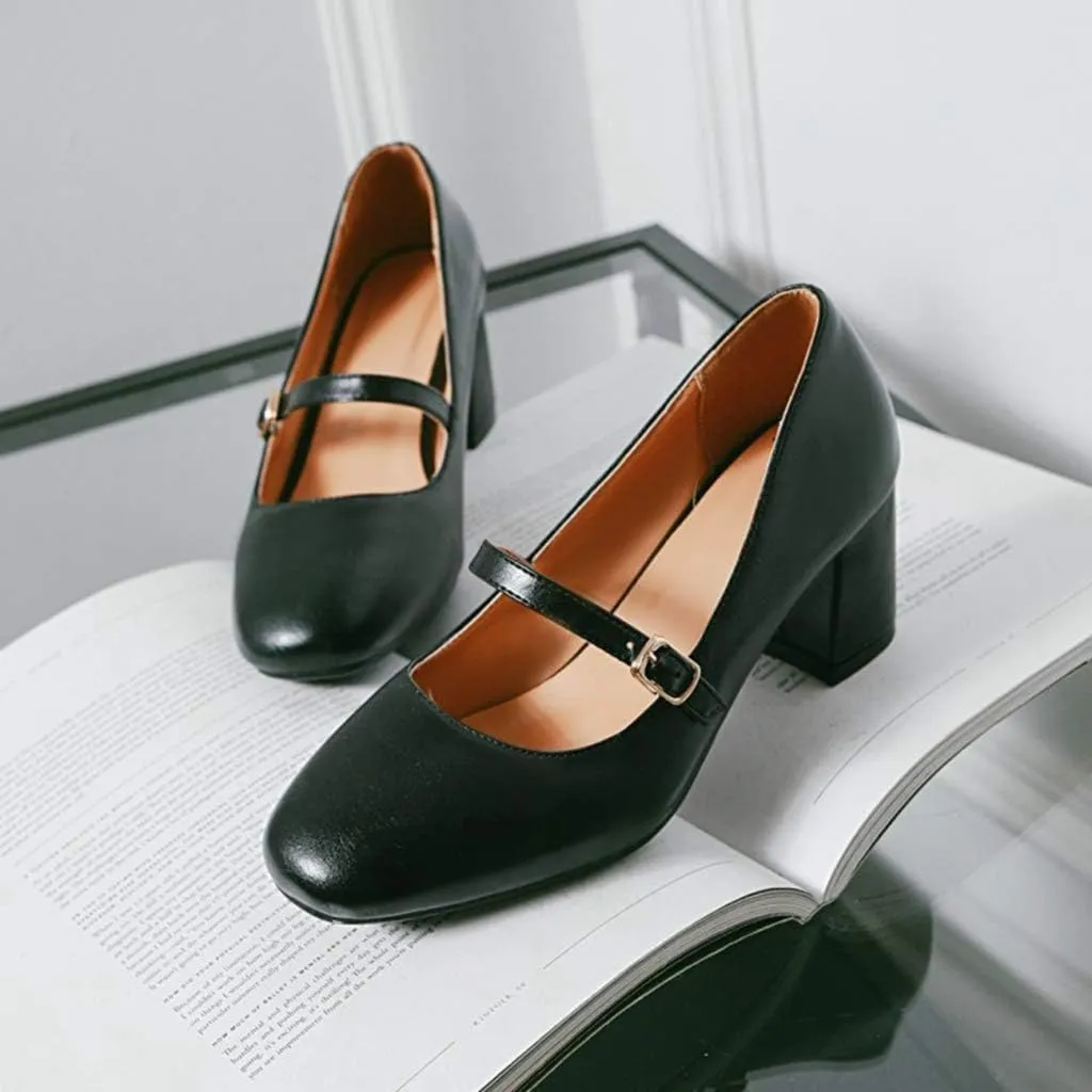 MIOKE Women's Square Toe Mary Jane Pump Oxford Leather Buckle Strap Chunky Block Mid Heel Retro Dress Shoes