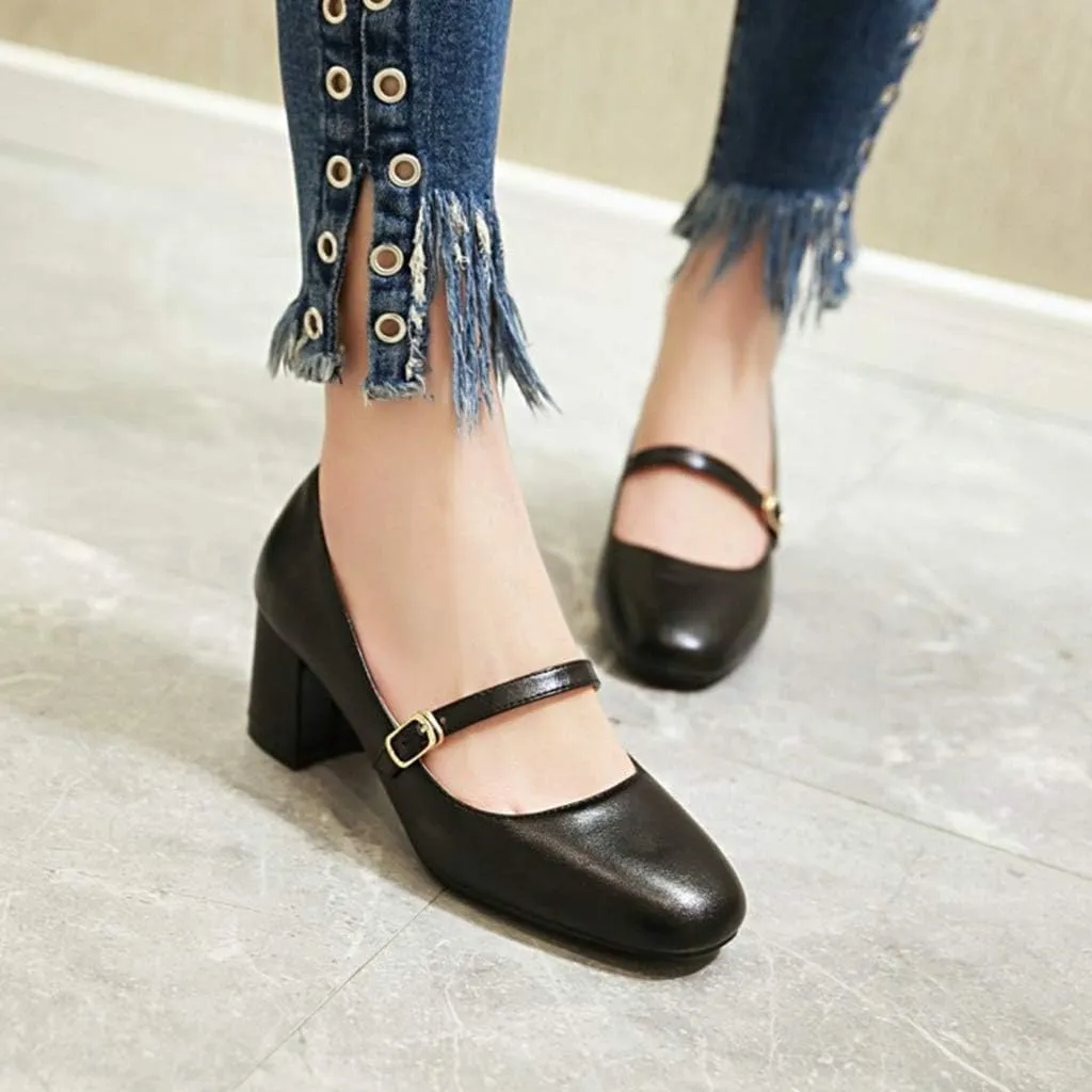 MIOKE Women's Square Toe Mary Jane Pump Oxford Leather Buckle Strap Chunky Block Mid Heel Retro Dress Shoes