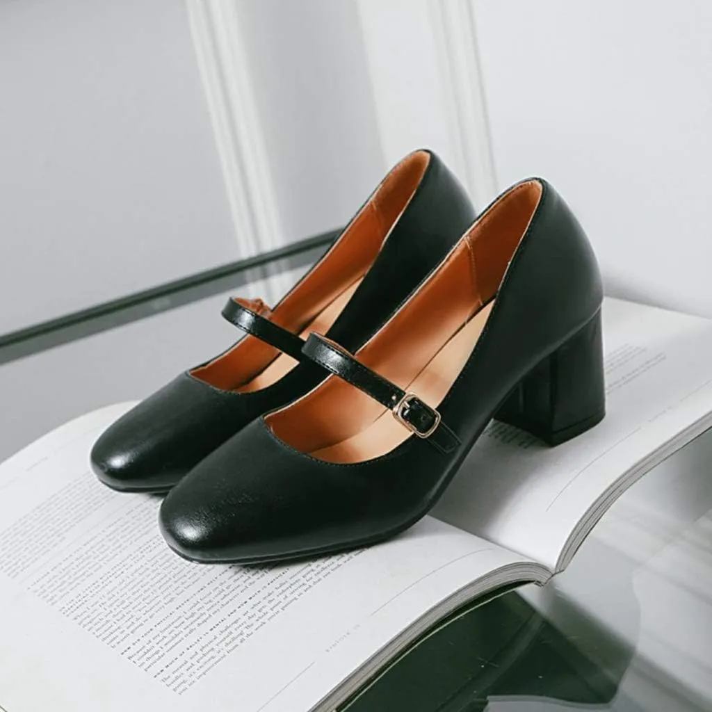 MIOKE Women's Square Toe Mary Jane Pump Oxford Leather Buckle Strap Chunky Block Mid Heel Retro Dress Shoes