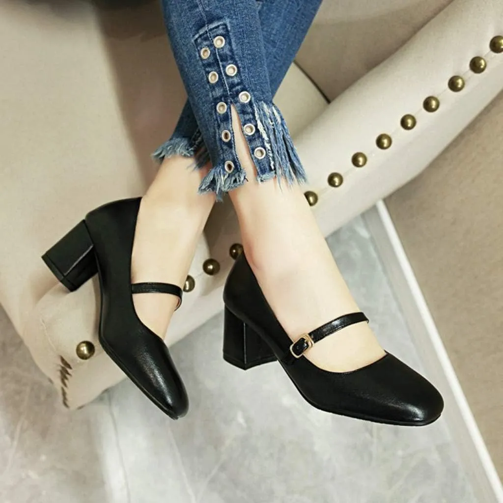 MIOKE Women's Square Toe Mary Jane Pump Oxford Leather Buckle Strap Chunky Block Mid Heel Retro Dress Shoes