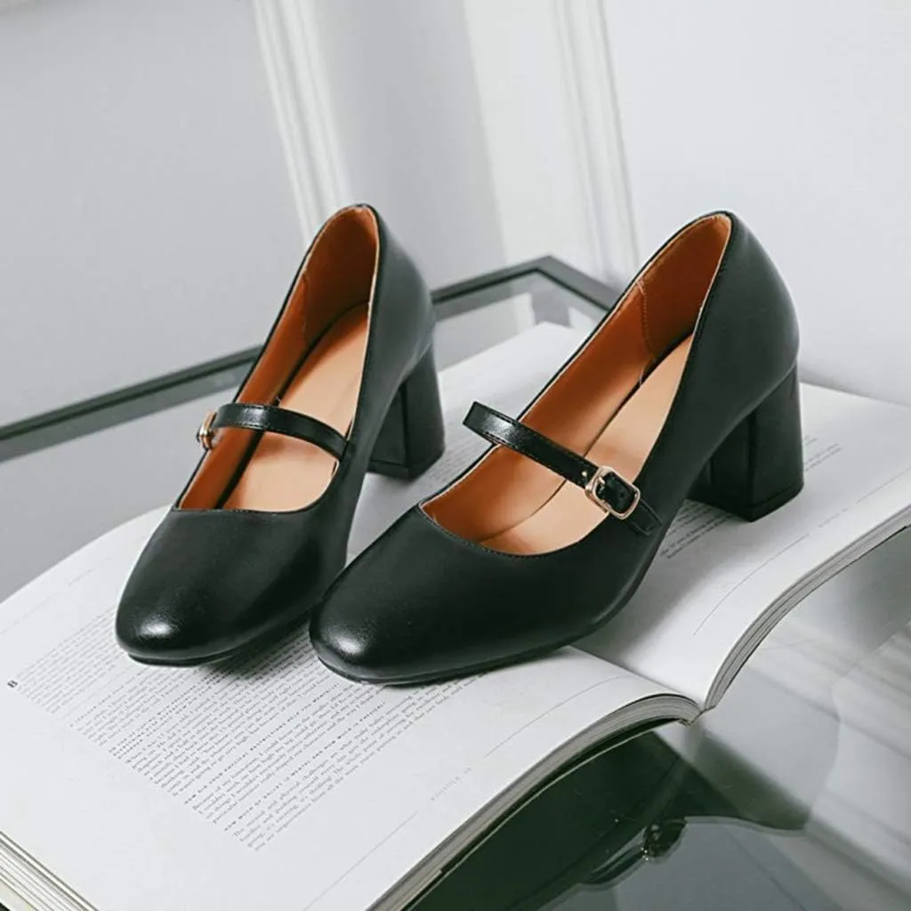 MIOKE Women's Square Toe Mary Jane Pump Oxford Leather Buckle Strap Chunky Block Mid Heel Retro Dress Shoes