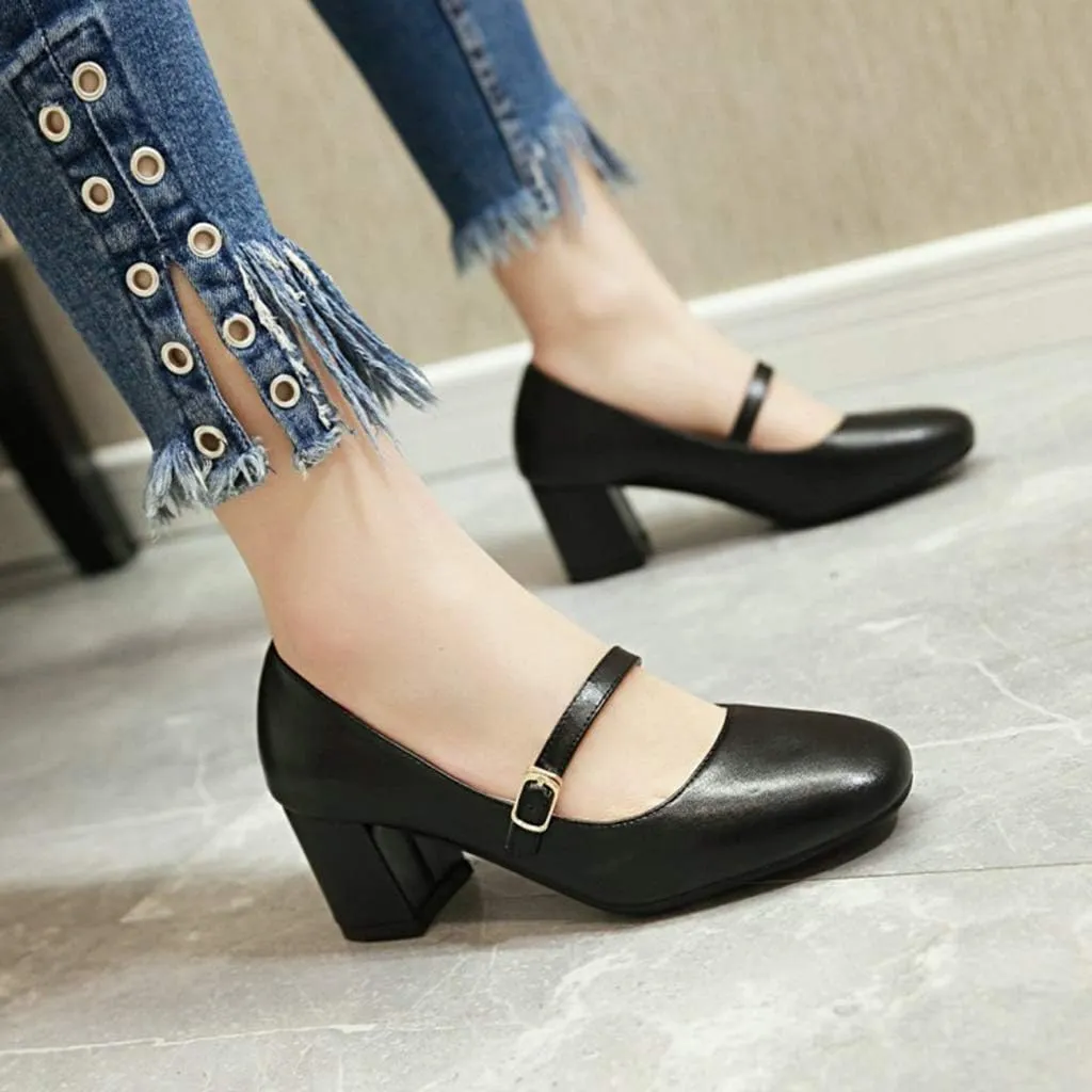 MIOKE Women's Square Toe Mary Jane Pump Oxford Leather Buckle Strap Chunky Block Mid Heel Retro Dress Shoes