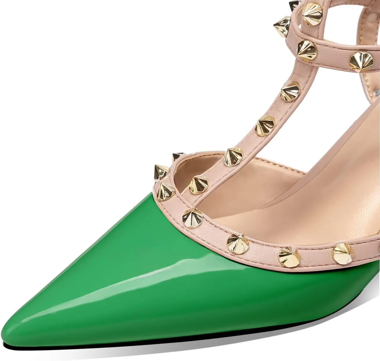 MIRAAZZURRA Women Heeled Sandals Rivet Studded T-Strap Wedding Shoes Stiletto High Heels Pointed Toe Slip On Bridal Pumps for Women