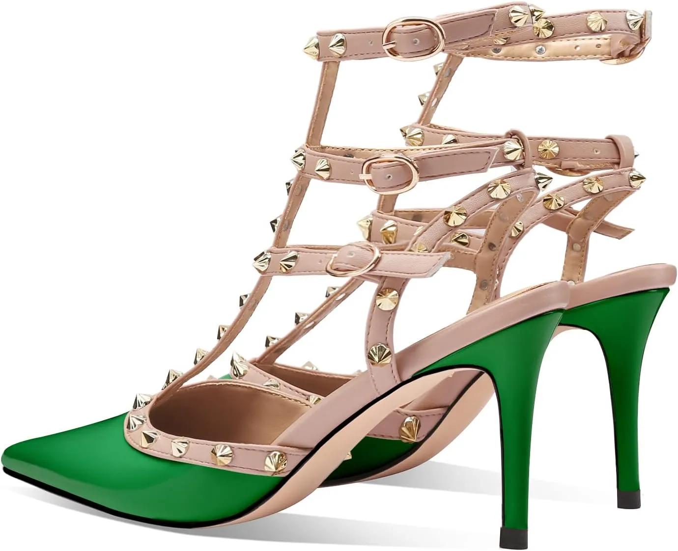 MIRAAZZURRA Women Heeled Sandals Rivet Studded T-Strap Wedding Shoes Stiletto High Heels Pointed Toe Slip On Bridal Pumps for Women