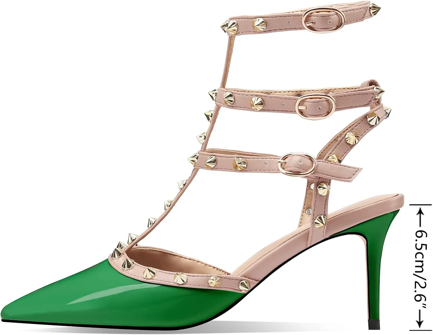 MIRAAZZURRA Women Heeled Sandals Rivet Studded T-Strap Wedding Shoes Stiletto High Heels Pointed Toe Slip On Bridal Pumps for Women