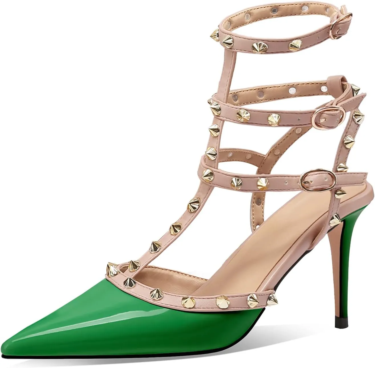 MIRAAZZURRA Women Heeled Sandals Rivet Studded T-Strap Wedding Shoes Stiletto High Heels Pointed Toe Slip On Bridal Pumps for Women