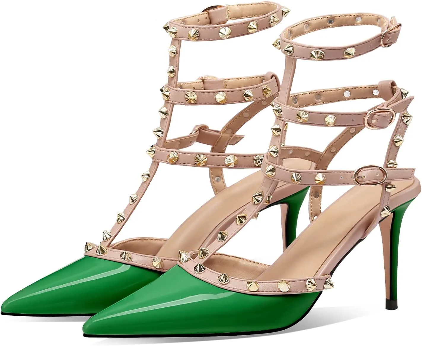 MIRAAZZURRA Women Heeled Sandals Rivet Studded T-Strap Wedding Shoes Stiletto High Heels Pointed Toe Slip On Bridal Pumps for Women