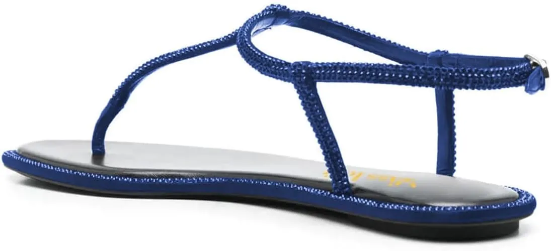 miss left Women Rhinestone T-Strap Thong Sandals Open Clip Toe Flip Flops Glitter Buckle Up Flats Summer Beach Holiday Dressy Shoes Size 4-16 US