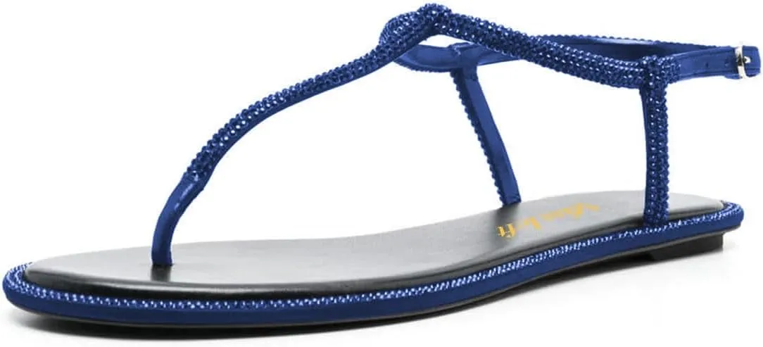 miss left Women Rhinestone T-Strap Thong Sandals Open Clip Toe Flip Flops Glitter Buckle Up Flats Summer Beach Holiday Dressy Shoes Size 4-16 US