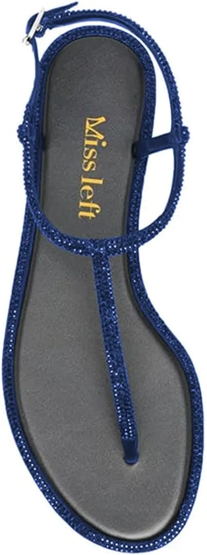 miss left Women Rhinestone T-Strap Thong Sandals Open Clip Toe Flip Flops Glitter Buckle Up Flats Summer Beach Holiday Dressy Shoes Size 4-16 US