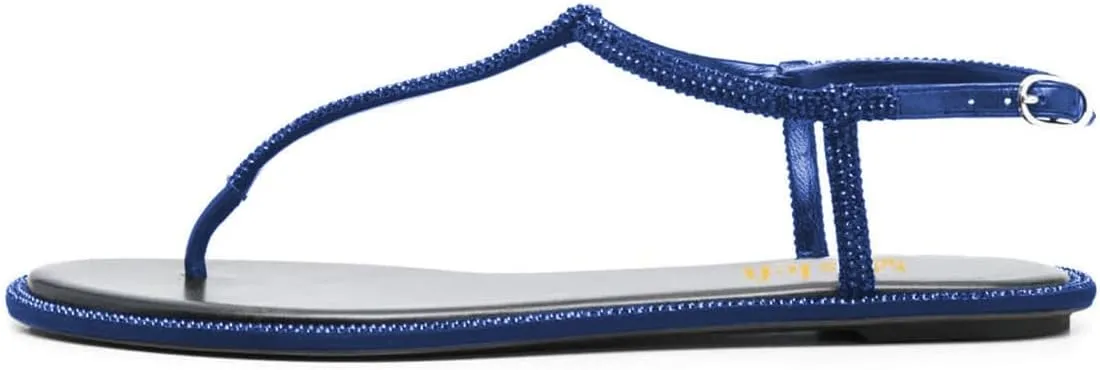 miss left Women Rhinestone T-Strap Thong Sandals Open Clip Toe Flip Flops Glitter Buckle Up Flats Summer Beach Holiday Dressy Shoes Size 4-16 US