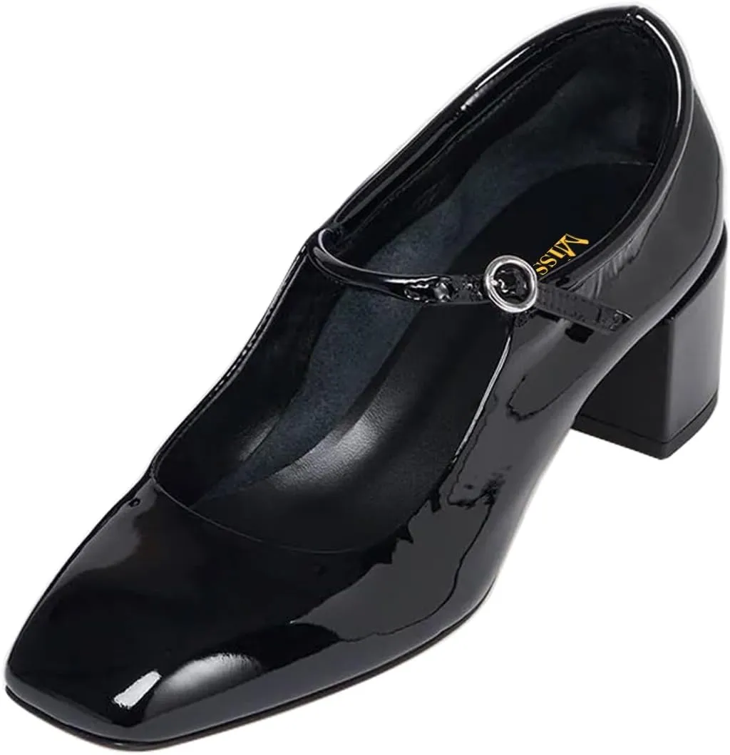 miss left Women Trendy Single Strap Buckle Square Toe Mary Janes Block Low Heel Comfy Daily Dress Pumps Size 4-16 US