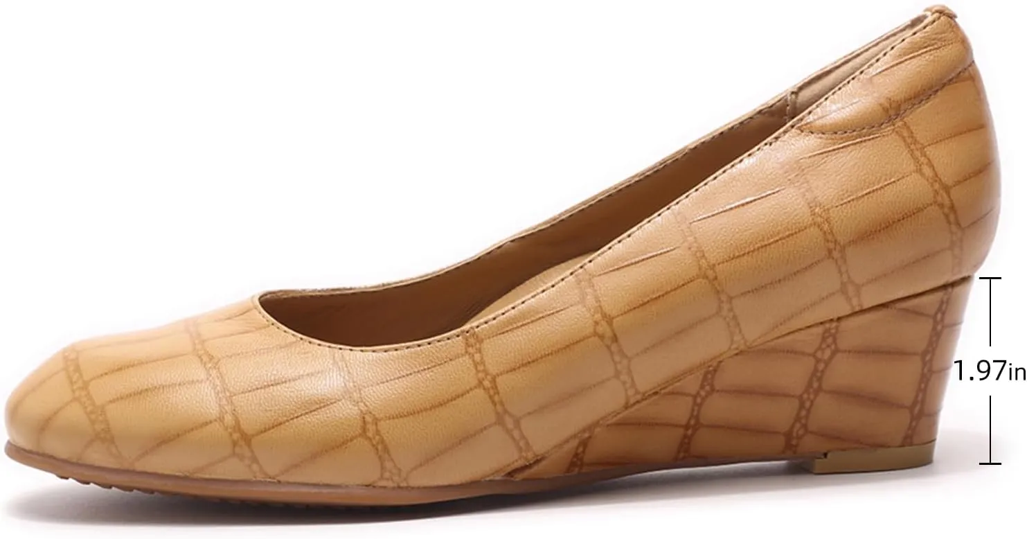 Mona flying Women's Leather Closed Toe 2 Inch Mid Wedges Heels with Arch Support Round Toe Comfortable Dress Pumps for Women Ladies