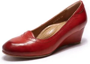 Mona flying Women's Leather Closed Toe 2 Inch Mid Wedges Heels with Arch Support Round Toe Comfortable Dress Pumps for Women Ladies