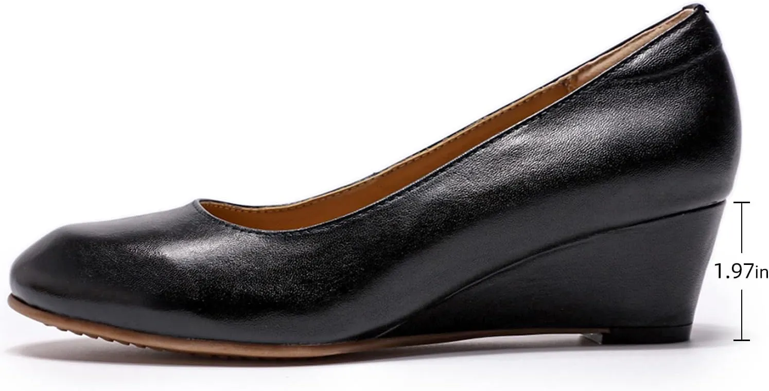 Mona flying Women's Leather Closed Toe 2 Inch Mid Wedges Heels with Arch Support Round Toe Comfortable Dress Pumps for Women Ladies