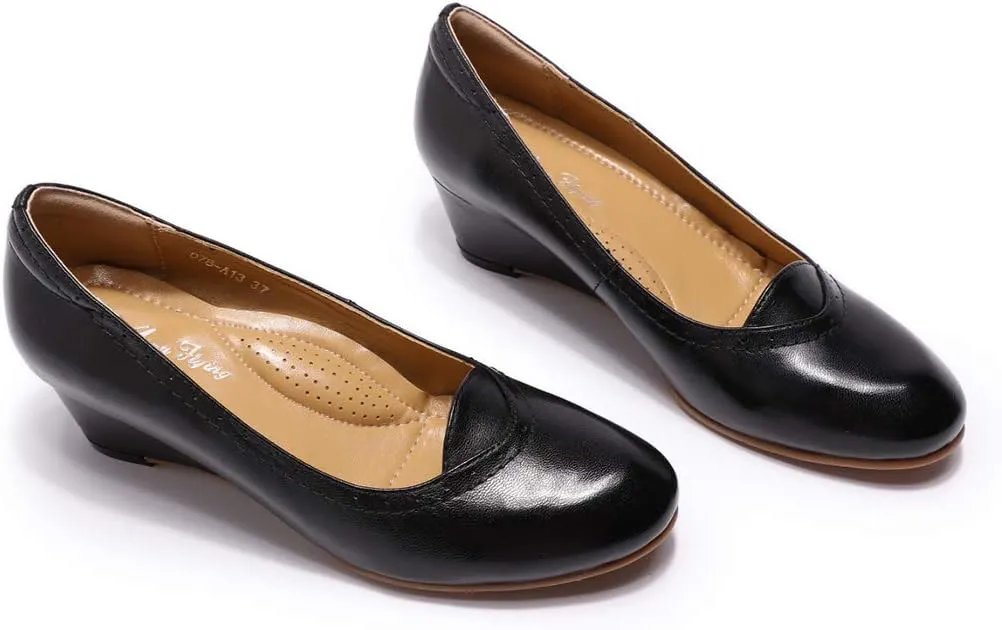 Mona flying Women's Leather Closed Toe 2 Inch Mid Wedges Heels with Arch Support Round Toe Comfortable Dress Pumps for Women Ladies