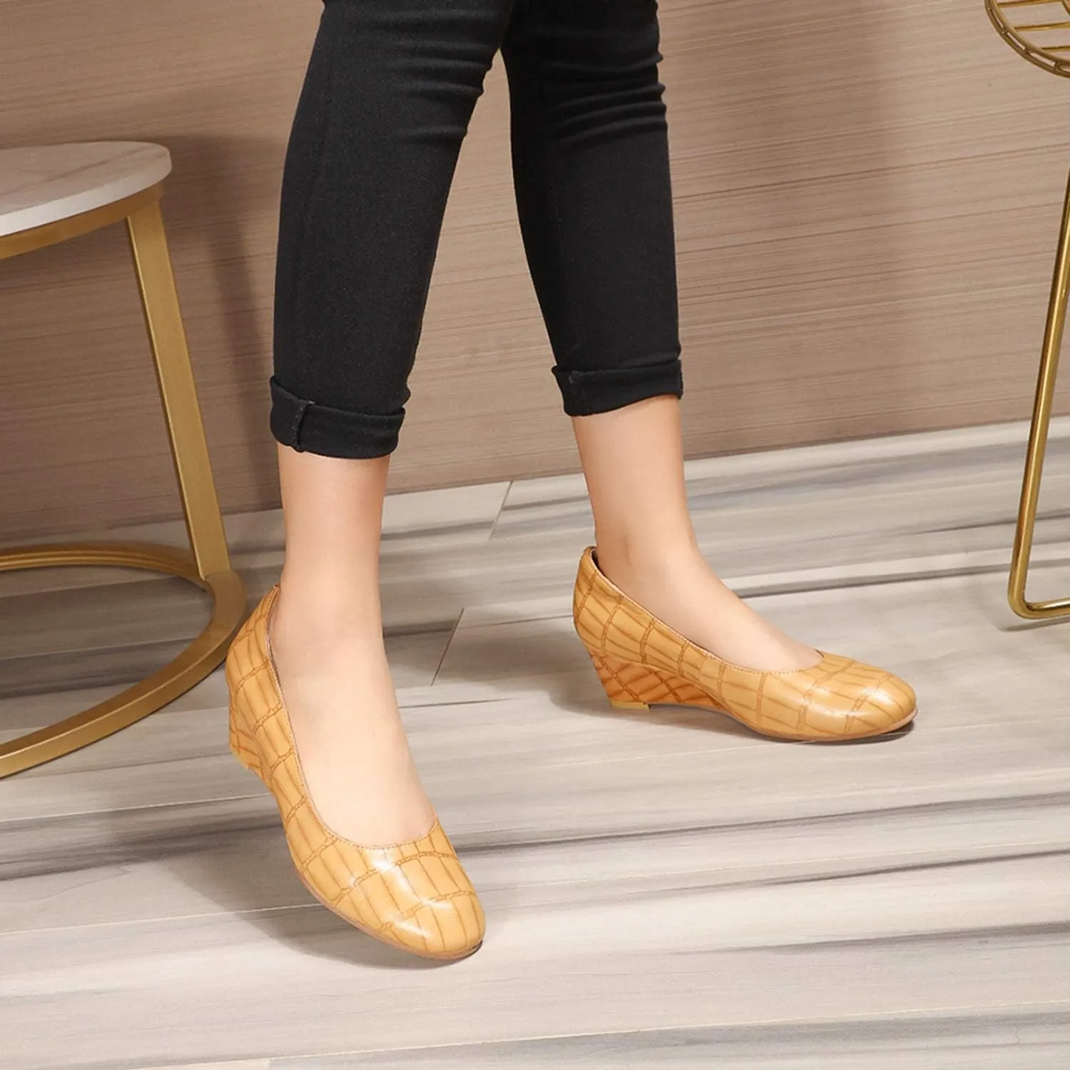 Mona flying Women's Leather Closed Toe 2 Inch Mid Wedges Heels with Arch Support Round Toe Comfortable Dress Pumps for Women Ladies