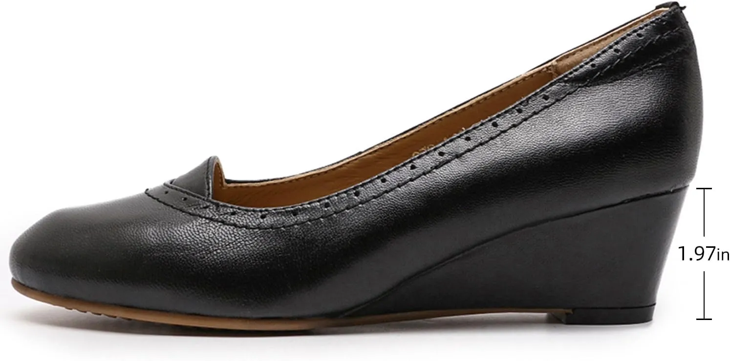 Mona flying Women's Leather Closed Toe 2 Inch Mid Wedges Heels with Arch Support Round Toe Comfortable Dress Pumps for Women Ladies