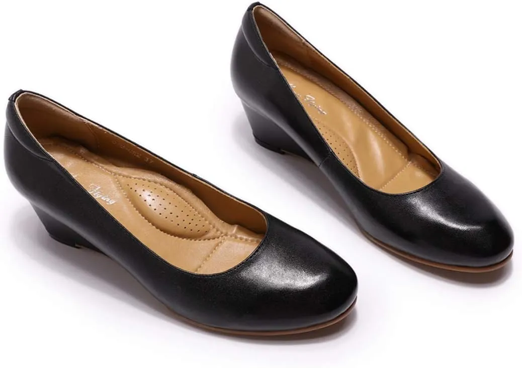 Mona flying Women's Leather Closed Toe 2 Inch Mid Wedges Heels with Arch Support Round Toe Comfortable Dress Pumps for Women Ladies