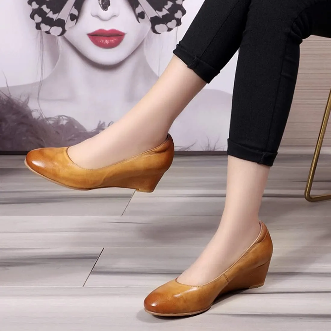 Mona flying Women's Leather Closed Toe 2 Inch Mid Wedges Heels with Arch Support Round Toe Comfortable Dress Pumps for Women Ladies