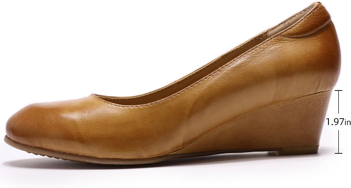 Mona flying Women's Leather Closed Toe 2 Inch Mid Wedges Heels with Arch Support Round Toe Comfortable Dress Pumps for Women Ladies