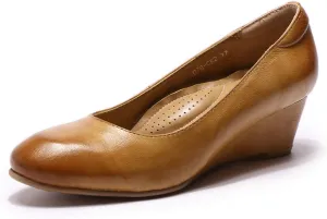 Mona flying Women's Leather Closed Toe 2 Inch Mid Wedges Heels with Arch Support Round Toe Comfortable Dress Pumps for Women Ladies