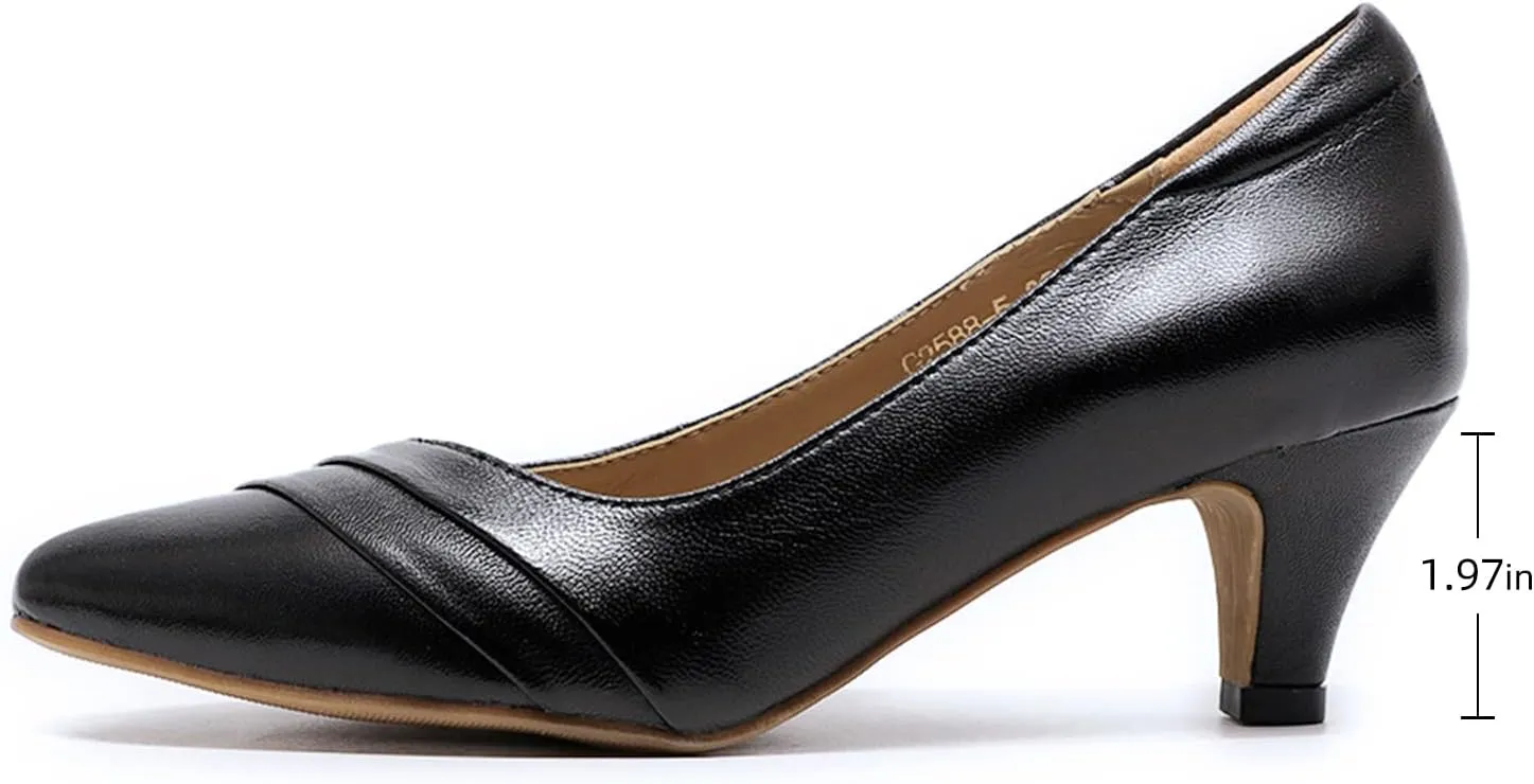 Mona flying Women's Leather Pump Med Heel Pointed Toe Office Dress Shoes for Ladies