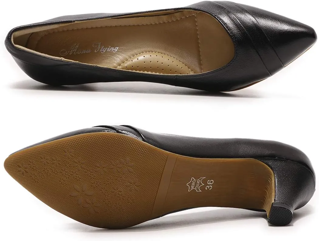 Mona flying Women's Leather Pump Med Heel Pointed Toe Office Dress Shoes for Ladies