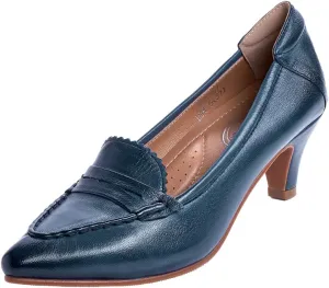 Mona flying Women's Leather Pump Med Heel Pointed Toe Office Dress Shoes for Ladies