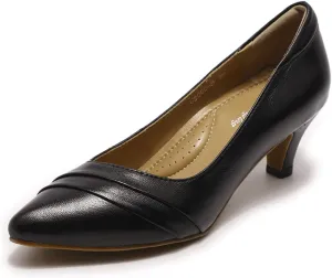 Mona flying Women's Leather Pump Med Heel Pointed Toe Office Dress Shoes for Ladies