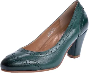 Mona flying Women's Vintage Leather Pump Chunky Heel Round Toe Office Dress Shoes for Ladies