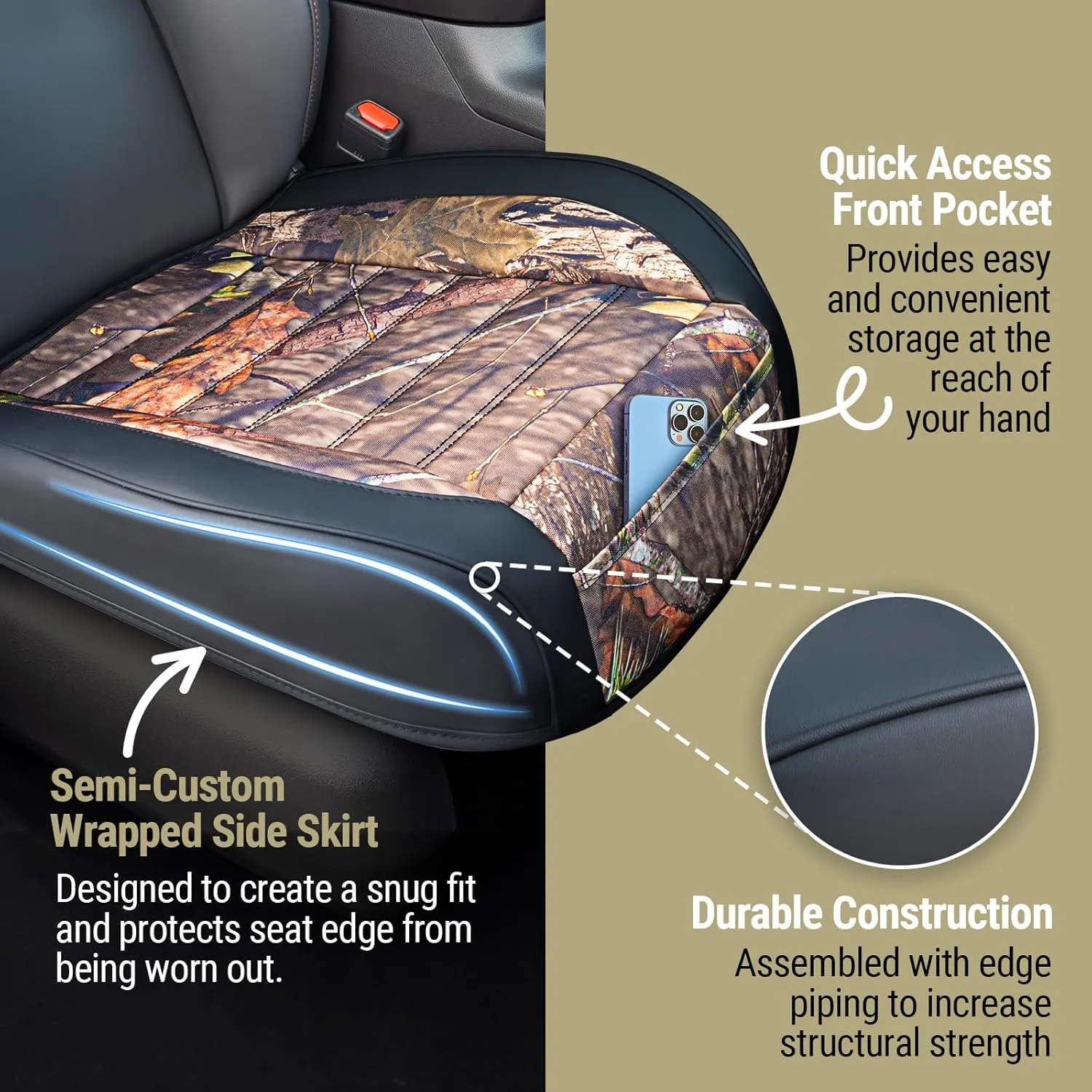 Mossy Oak Camo Car Seat Covers, Padded Bottom Seat Cushion Cover with Bottom Wrap-Around & Anti-Skid; for Cars SUV Truck Minivan, Front Seat Protector, Heavy Duty Denier with Storage Pocket, 2 Pack