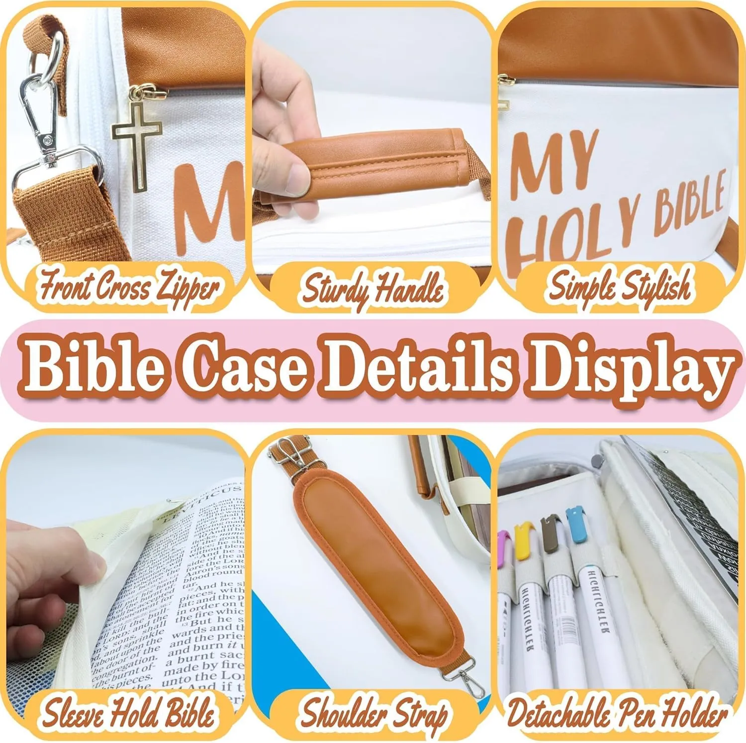 My Holy Bible Case,12" x 9" Large Sturdy Bible Cover Case with Detachable Shoulder Strap Fit All Size Bibles Carrying for Women Men, Christian Gift Church Bag Build to Last