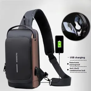 New Carbon Fiber Streamline Anti-Theft Sling Bag, USB Charging Sport Sling Sport Waterproof Anti Theft Shoulder Bag (Gold)