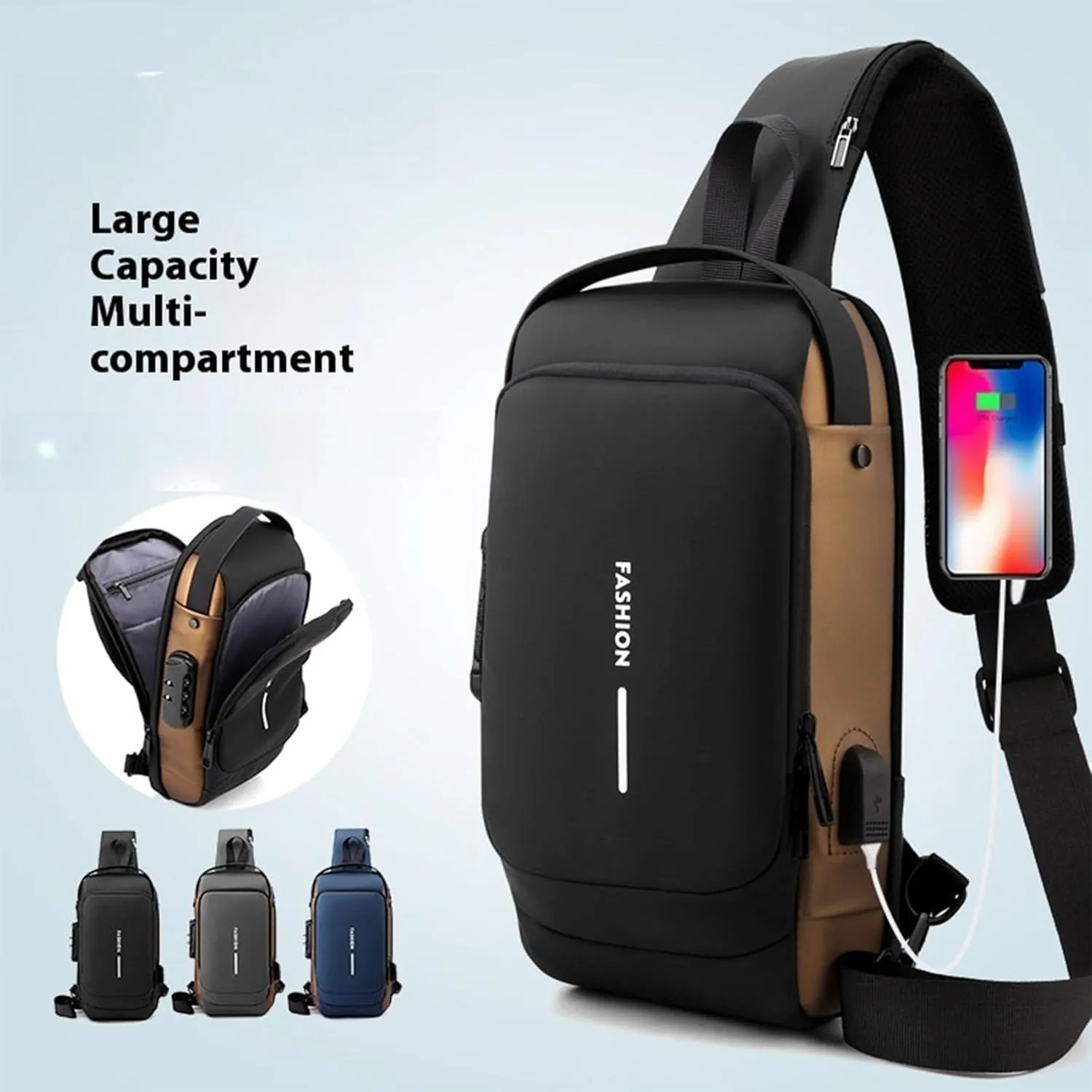 New Carbon Fiber Streamline Anti-Theft Sling Bag, USB Charging Sport Sling Sport Waterproof Anti Theft Shoulder Bag (Gold)