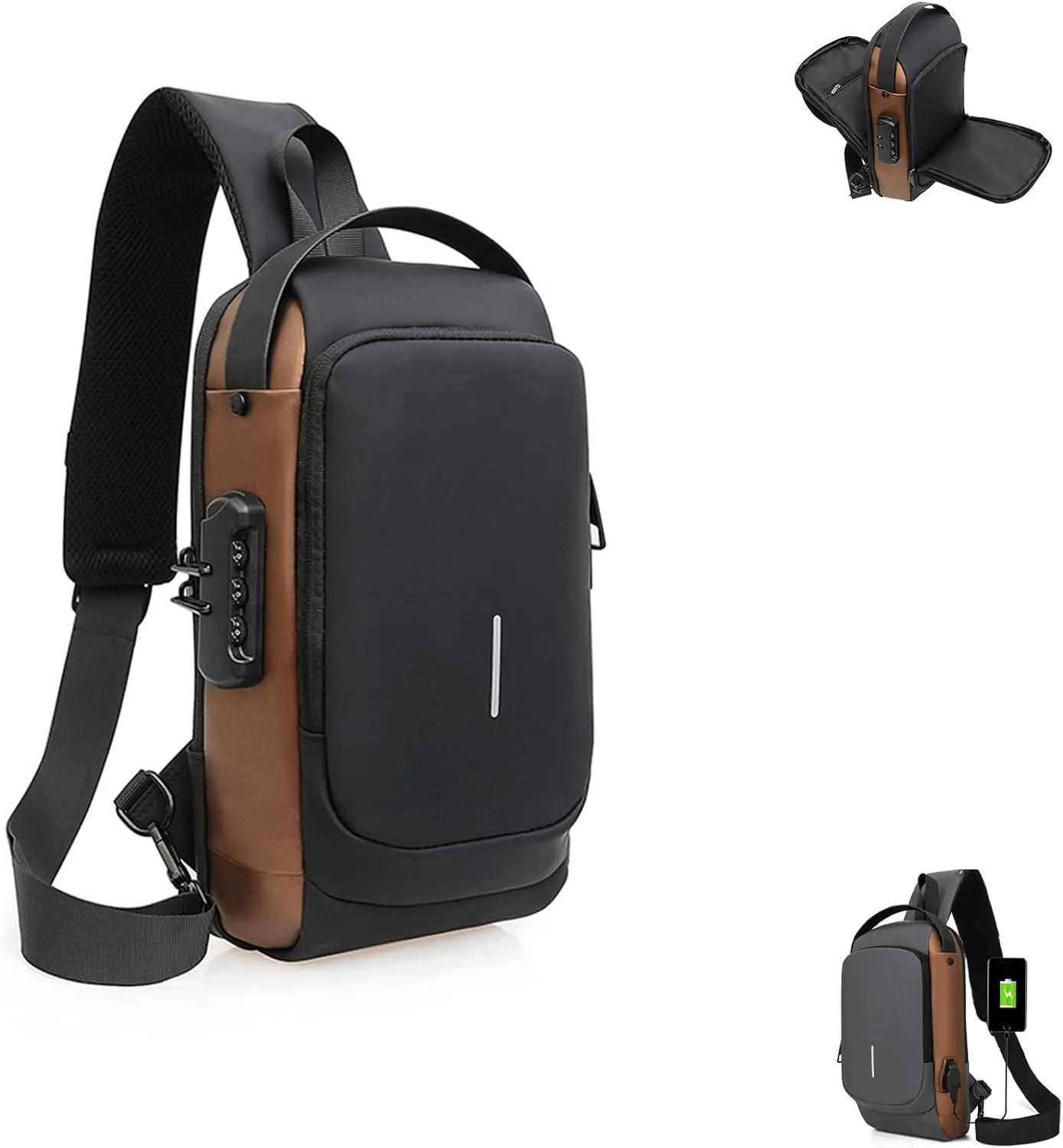 New Carbon Fiber Streamline Anti-Theft Sling Bag, USB Charging Waterproof Crossbody Backpack for Travel, Gym, Sports (Black Brown)
